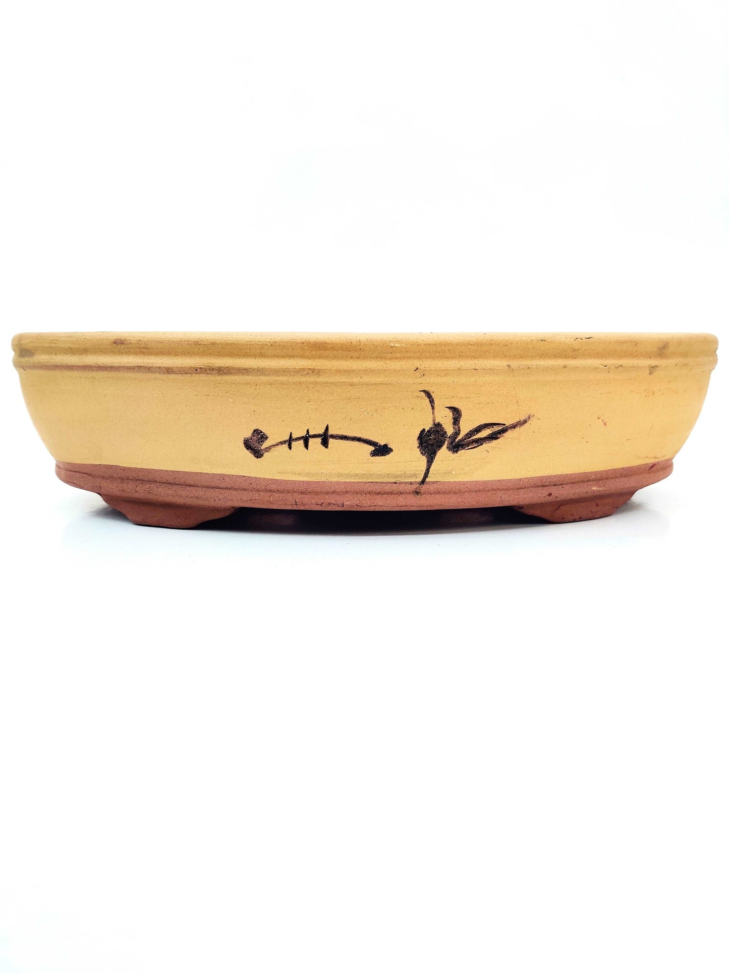 14" Yellow Unglazed Bonsai Pot With Artwork - Bonsai Gifts Nursery
