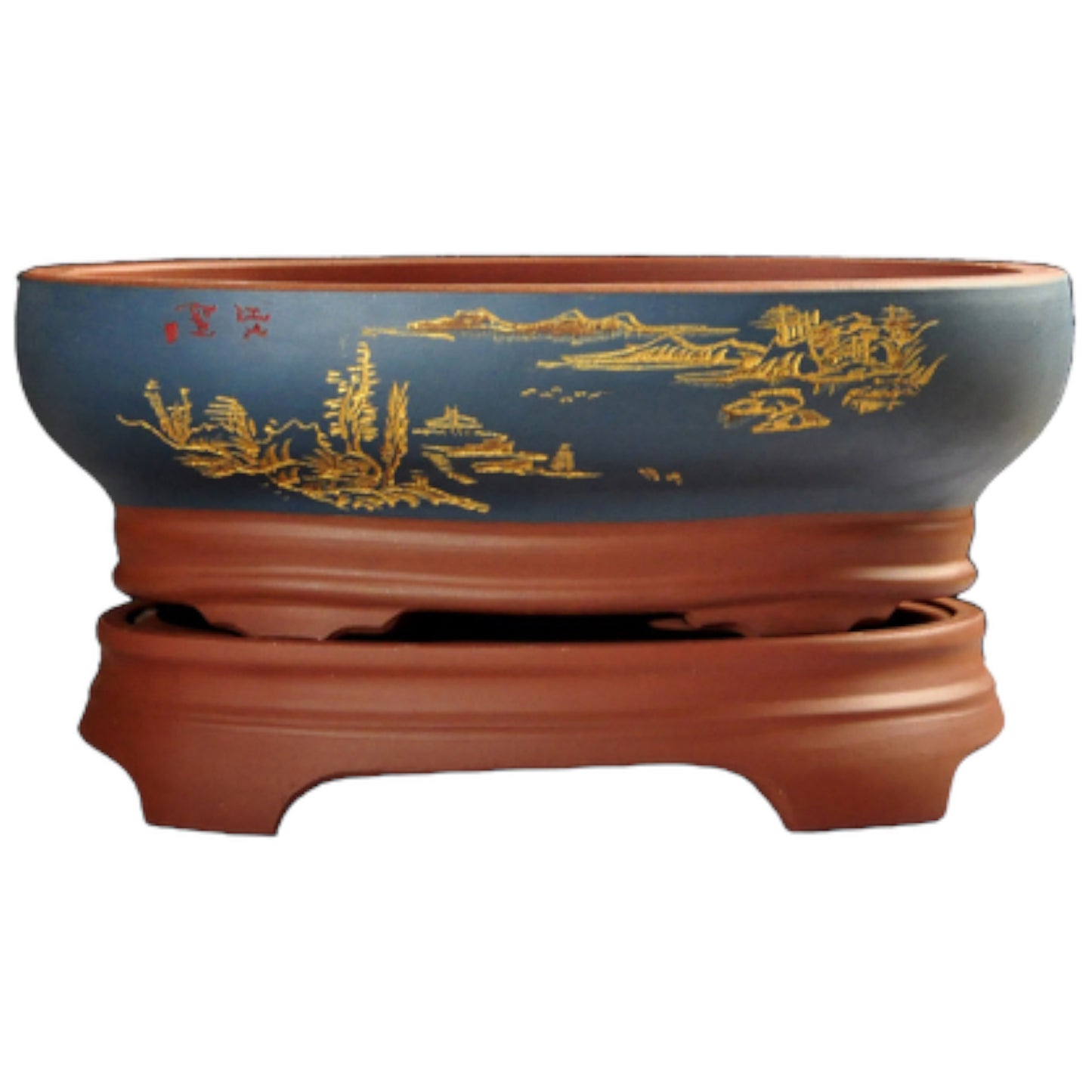 17" Blue Unglazed Bonsai Pot With Bonsai Stand - Bonsai Gifts Nursery