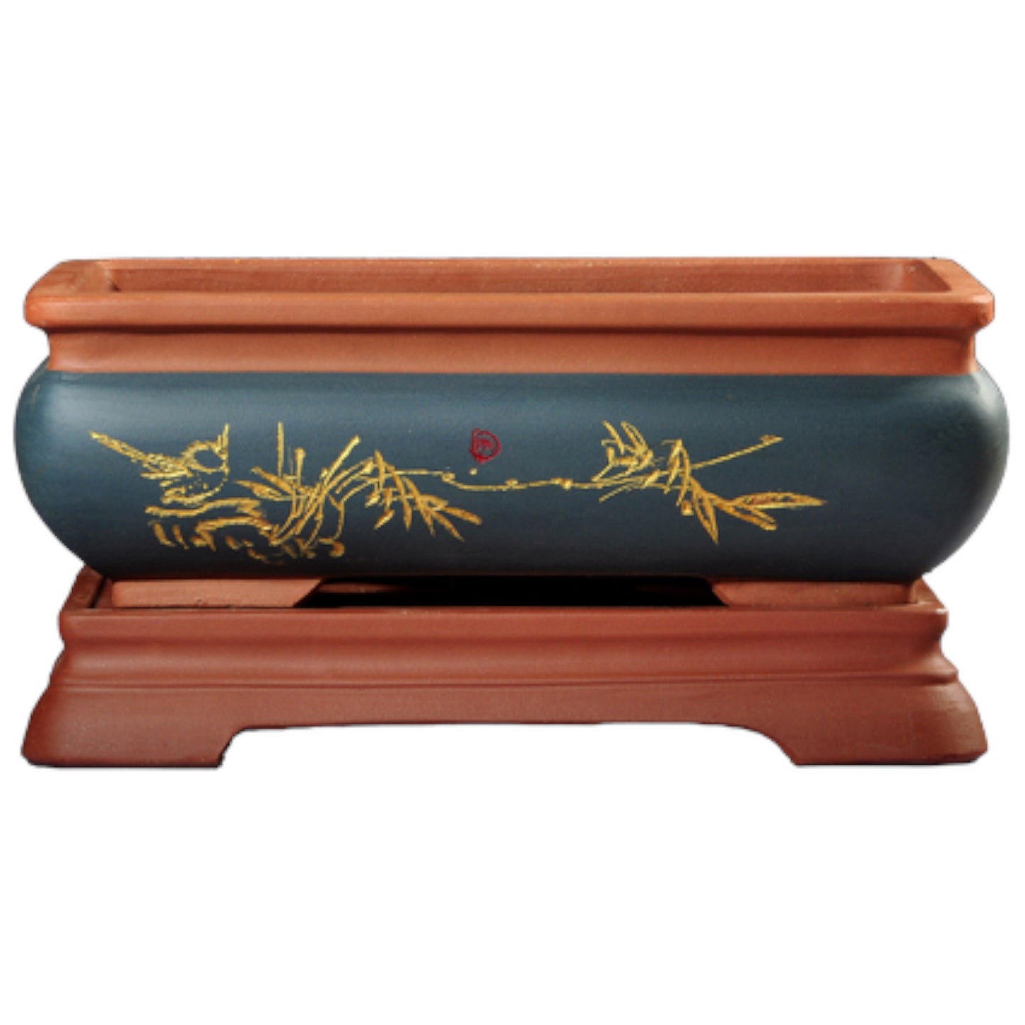 13" Blue Unglazed Bonsai Pot With Bonsai Stand - Bonsai Gifts Nursery
