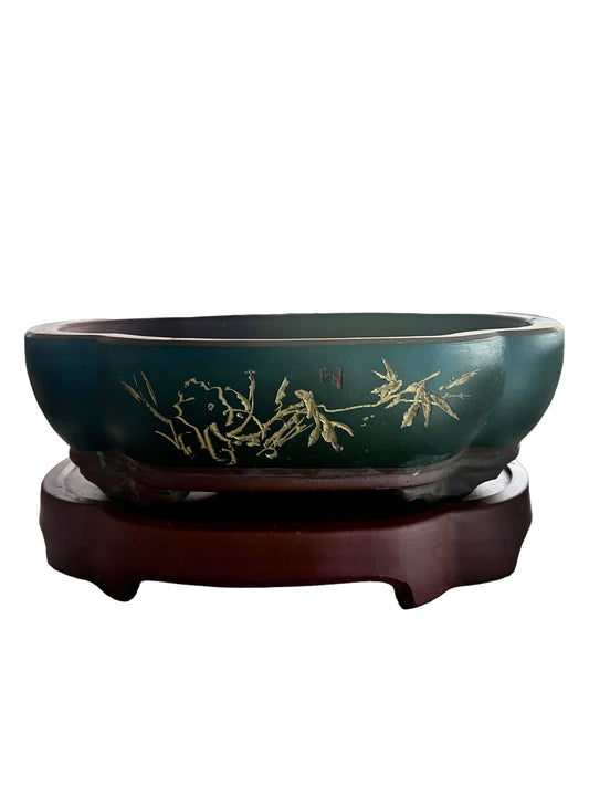 12" Unglazed High Quality Black Clay Ceramic Bonsai Pot With Artwork