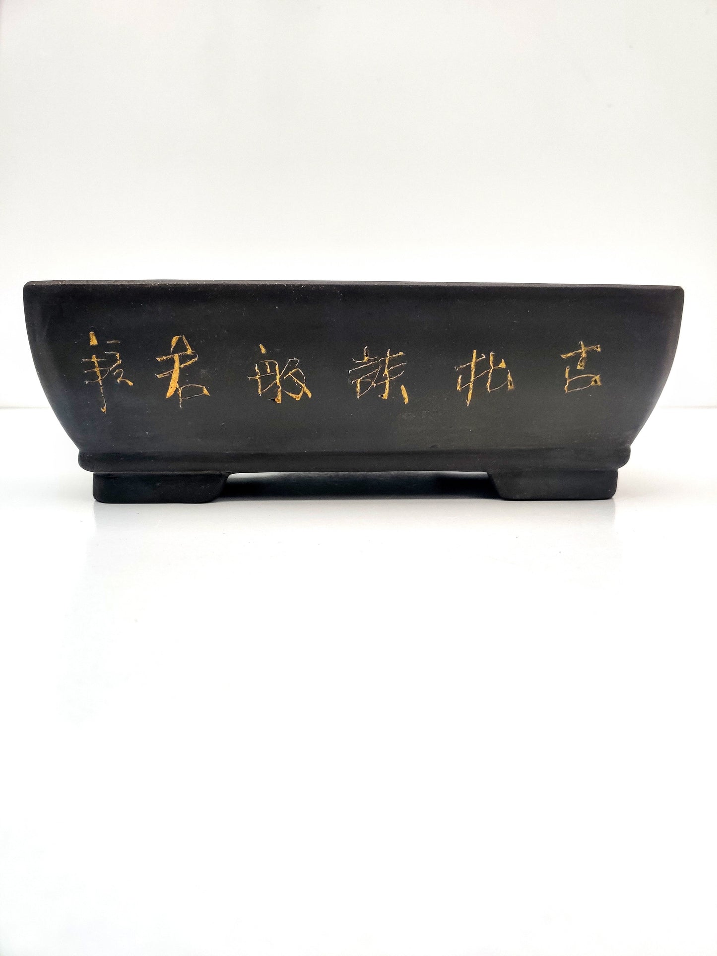 12" Unglazed High Quality Black Clay Ceramic Bonsai Pot With Artwork - Bonsai Gifts Nursery