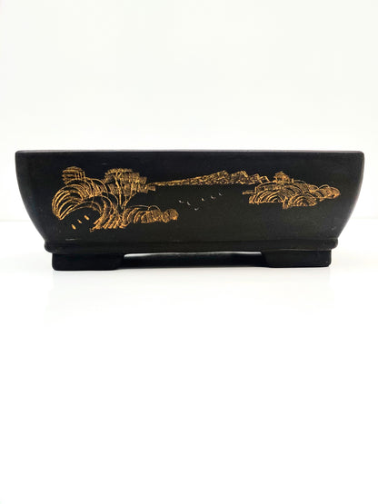 12" Unglazed High Quality Black Clay Ceramic Bonsai Pot With Artwork - Bonsai Gifts Nursery