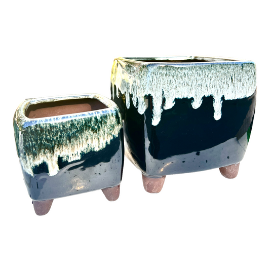 Black/Cream Glazed Square Semi Cascade Pot Set 16cm and 11cm all around - Bonsai Gifts Nursery