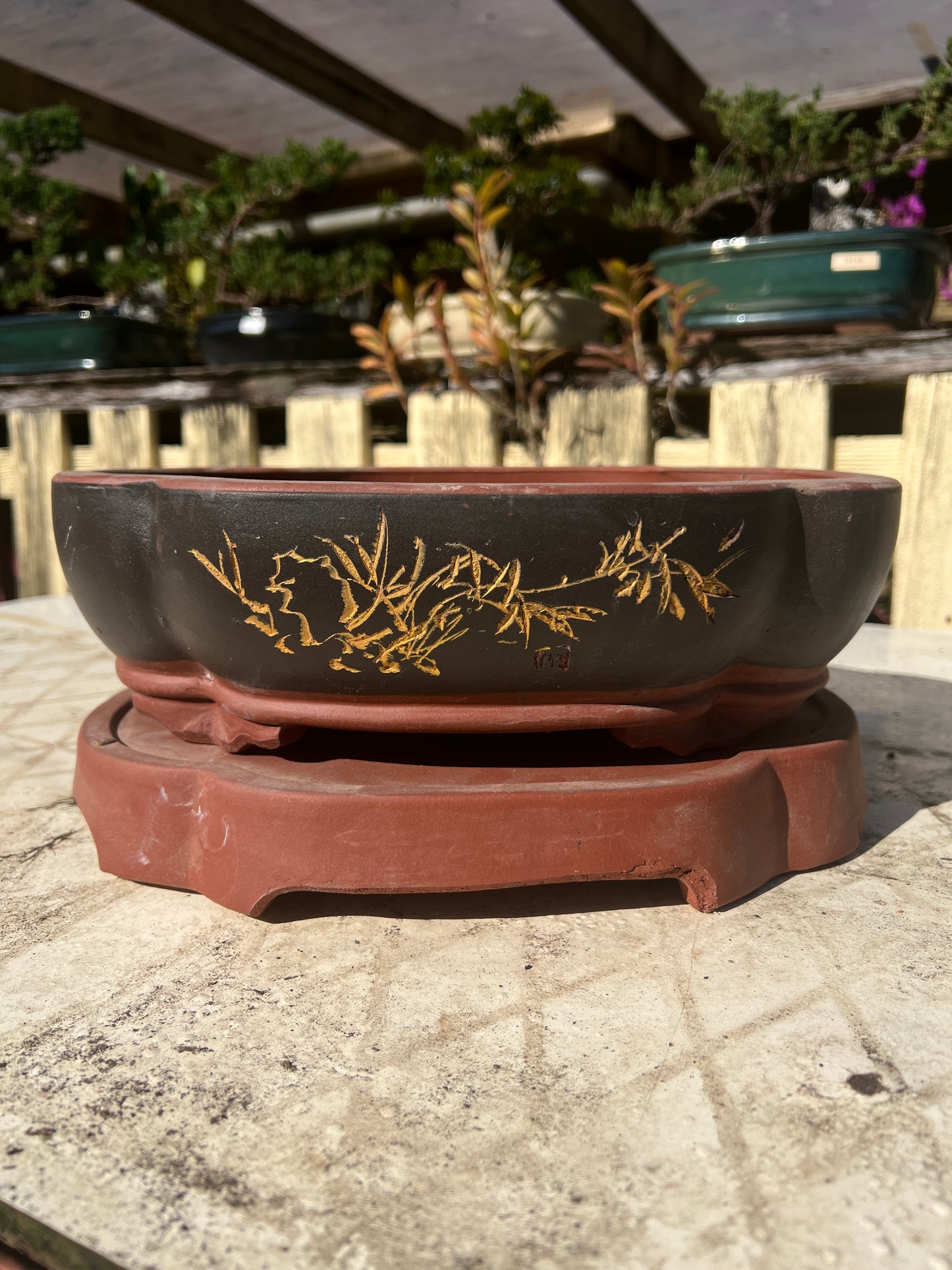 12" Unglazed High Quality Black Clay Ceramic Bonsai Pot With Artwork