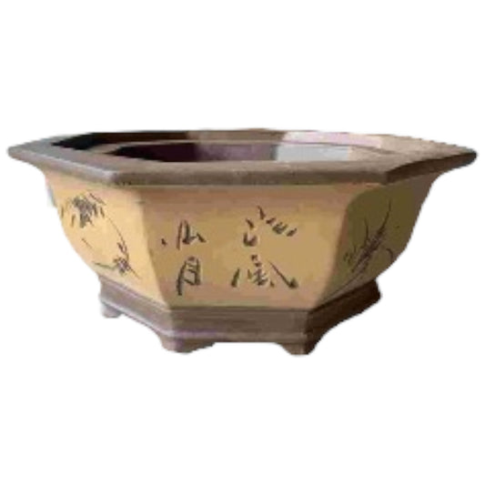 14 Inch Semi Cascade Hexagonal Unglazed Oval Bonsai Pot With Artwork Set Yellow