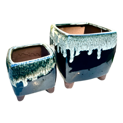 Black/Cream Glazed Square Semi Cascade Pot Set 16cm and 11cm all around - Bonsai Gifts Nursery