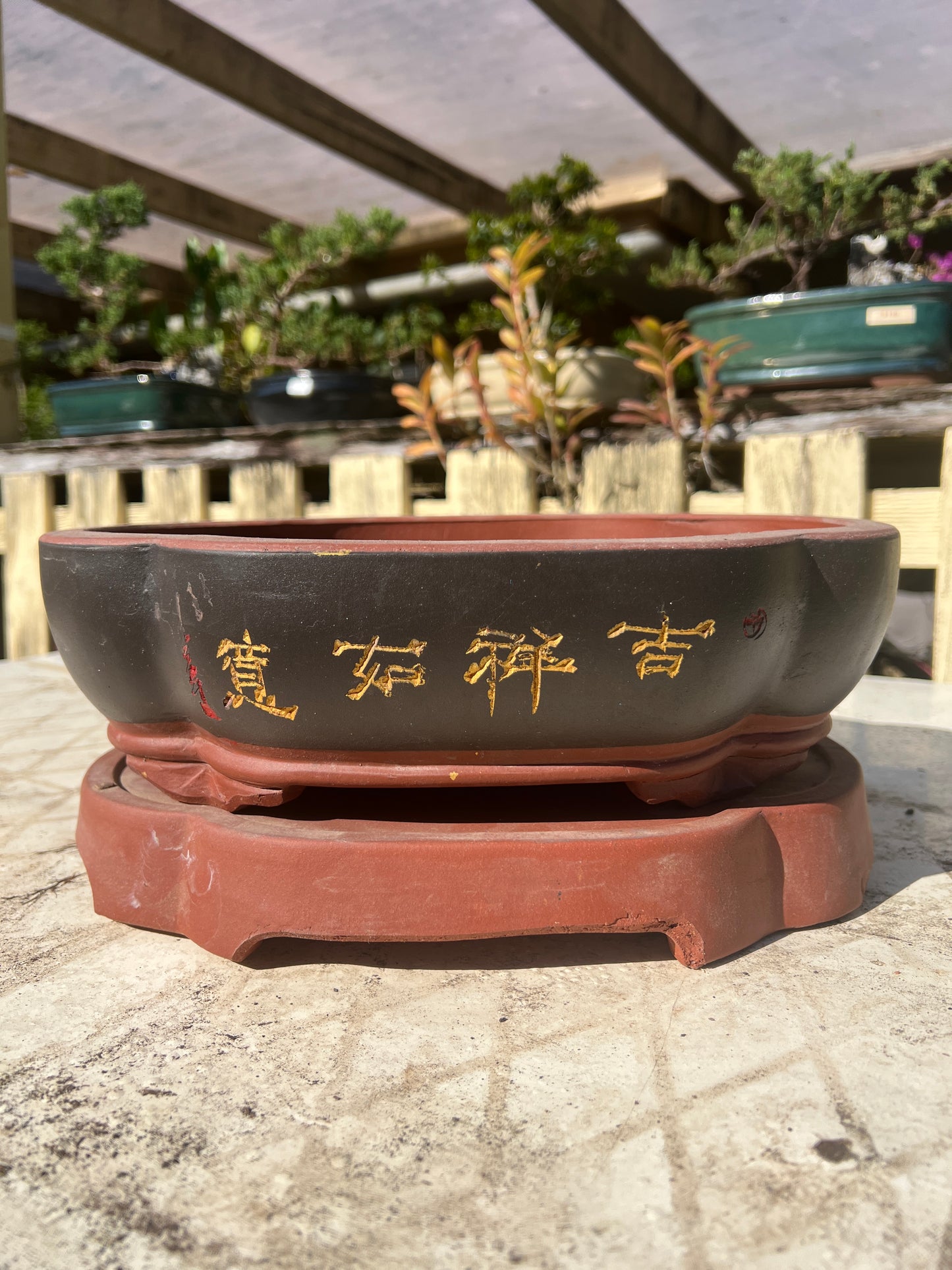 12" Unglazed High Quality Black Clay Ceramic Bonsai Pot With Artwork