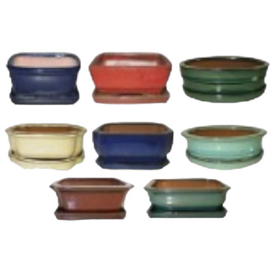 4 Inch Assorted Glazed Bonsai Pots With Ceramic Saucer Plate (Random Selection)