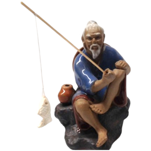Large Blue Sitting Fisherman Bonsai Mudman Figurine
